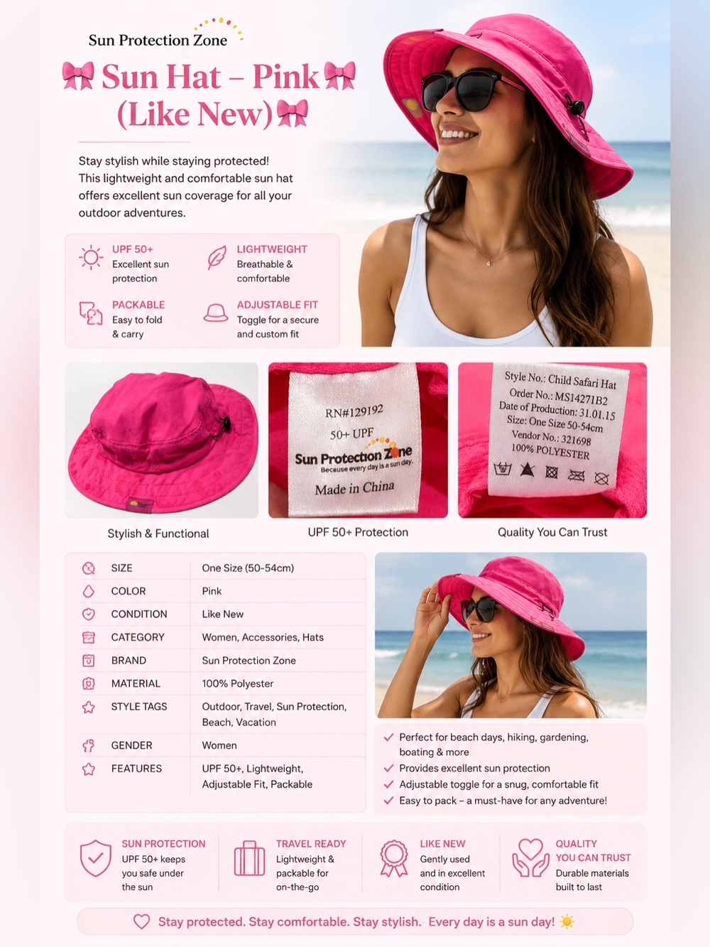 🎀Sun Protection Zone Sun Hat - Pink (Like New)🎀